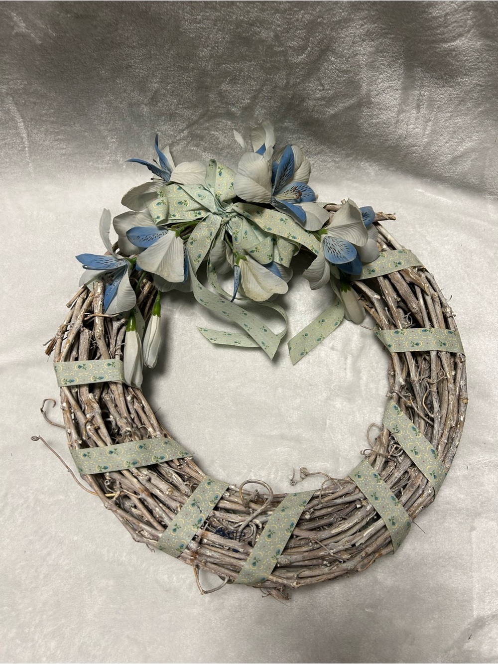 Vintage rustic whitewashed twig wreath blue green white  ribbon floral decor